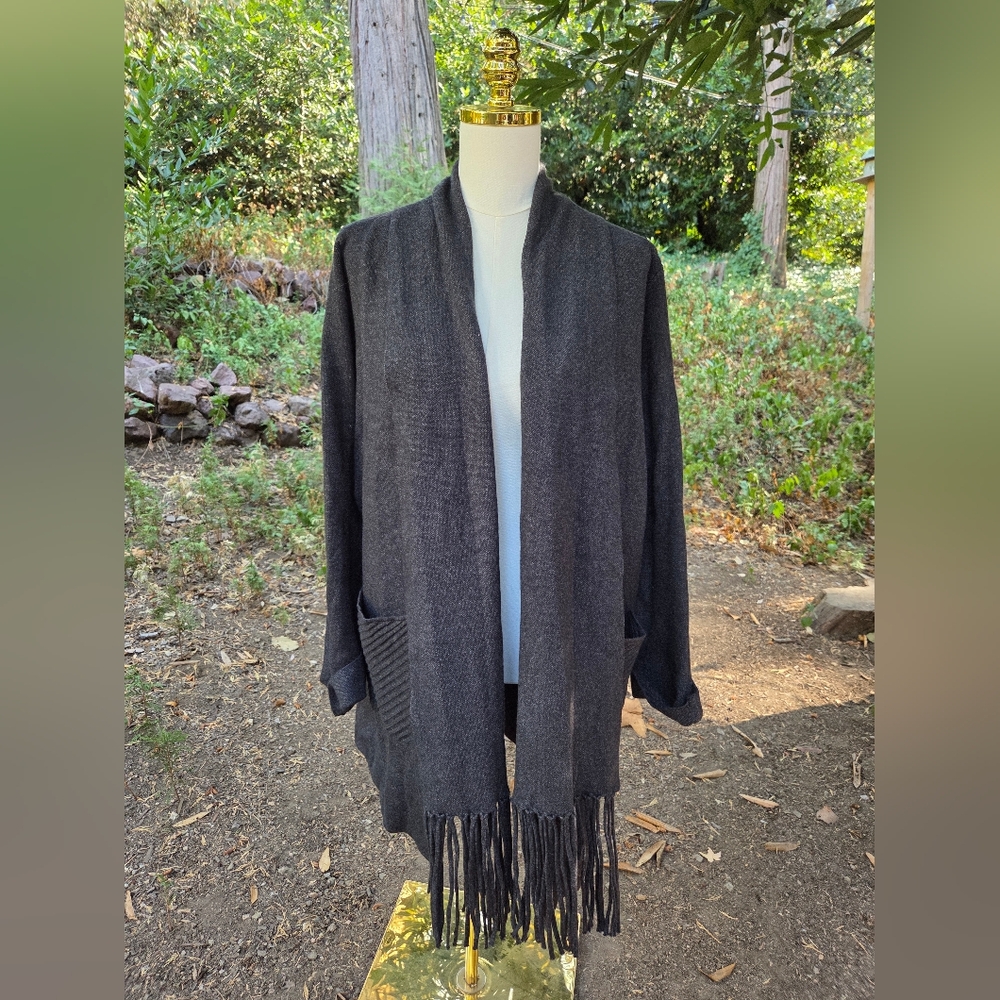 Magaschoni 2X Charcoal Open-Front Cardigan with‎ Fringe